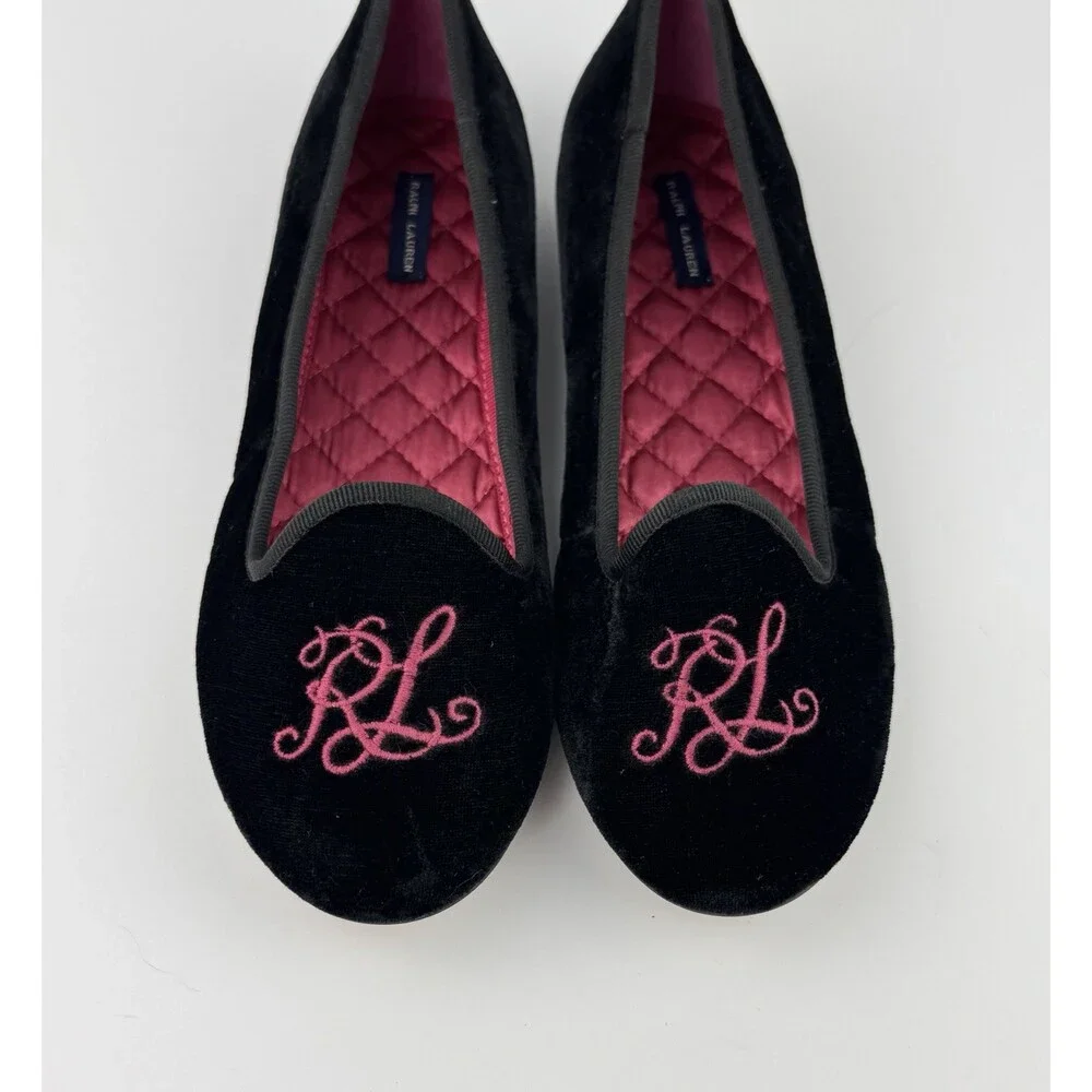 Vintage RALPH LAUREN POLO Girls Size 4 Ballet Flats Monogram RL BLK Pink Velvet